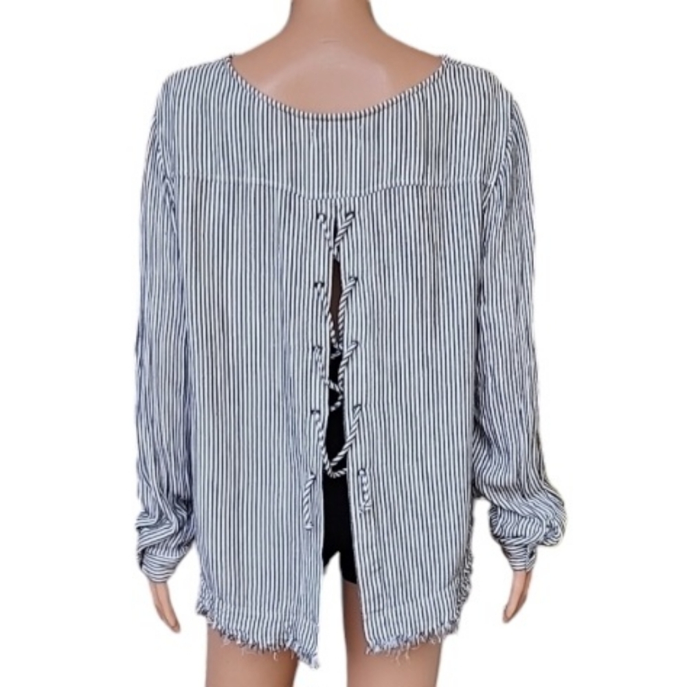 Anthropologie Cloth & Stone Black/White Striped Lace Up Raw Hem Size L Large‎ - Picture 5 of 10